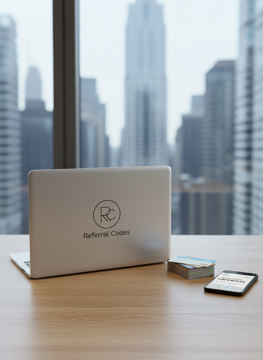 A sleek, modern wooden desk with a closed silver laptop displaying a minimalist “Referral Codes” logo on its lid, next to a neatly stacked pile of colorful discount cards and a smartphone showing a clean coupon code interface. The desk sits in front of a large window looking out on a softly blurred city skyline, emphasizing a professional, digital-focused environment. Cool, diffused daylight enters from the left, creating gentle reflections on the laptop’s metallic surface and subtle shadows under the devices. Photographic realism, shot at an eye-level angle with a shallow depth of field so the foreground objects are in crisp focus while the background fades into a smooth, understated bokeh. The mood is efficient, trustworthy, and organized, expressing smart online savings through referral codes.